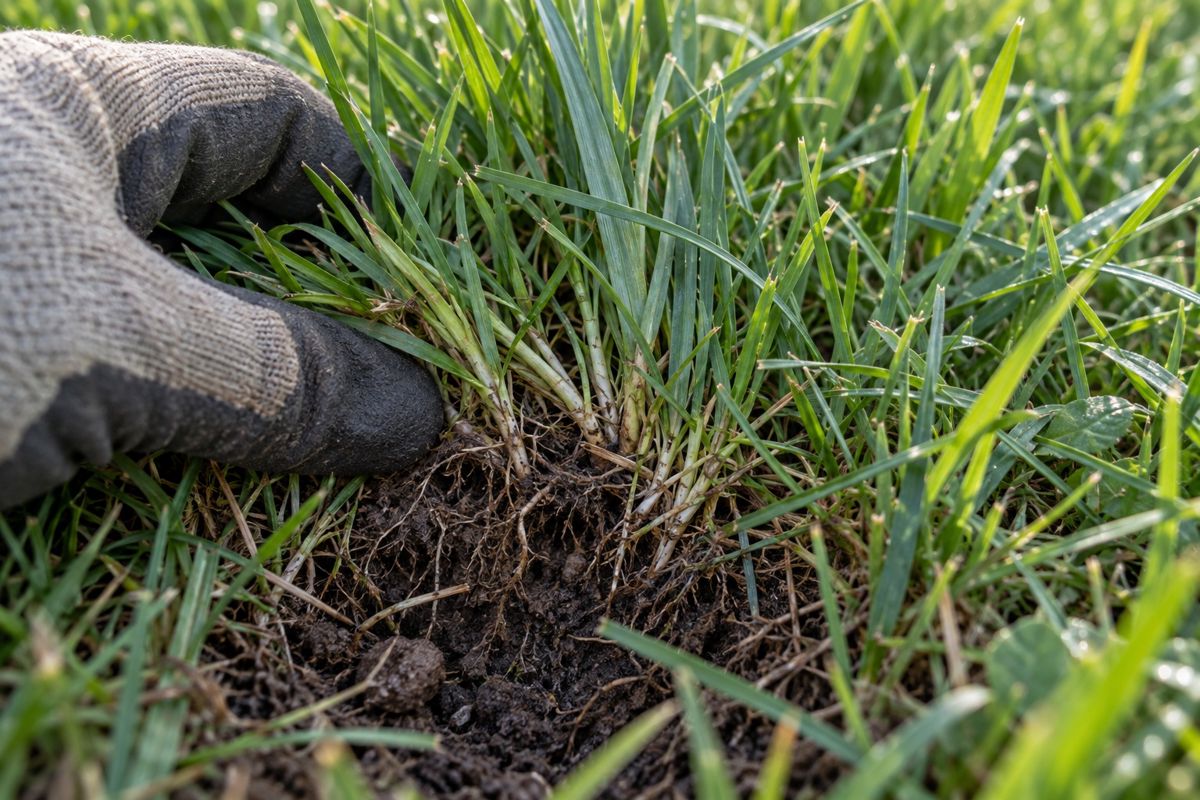 Close view of dense cool-season grass blades and soil in a gloved hand