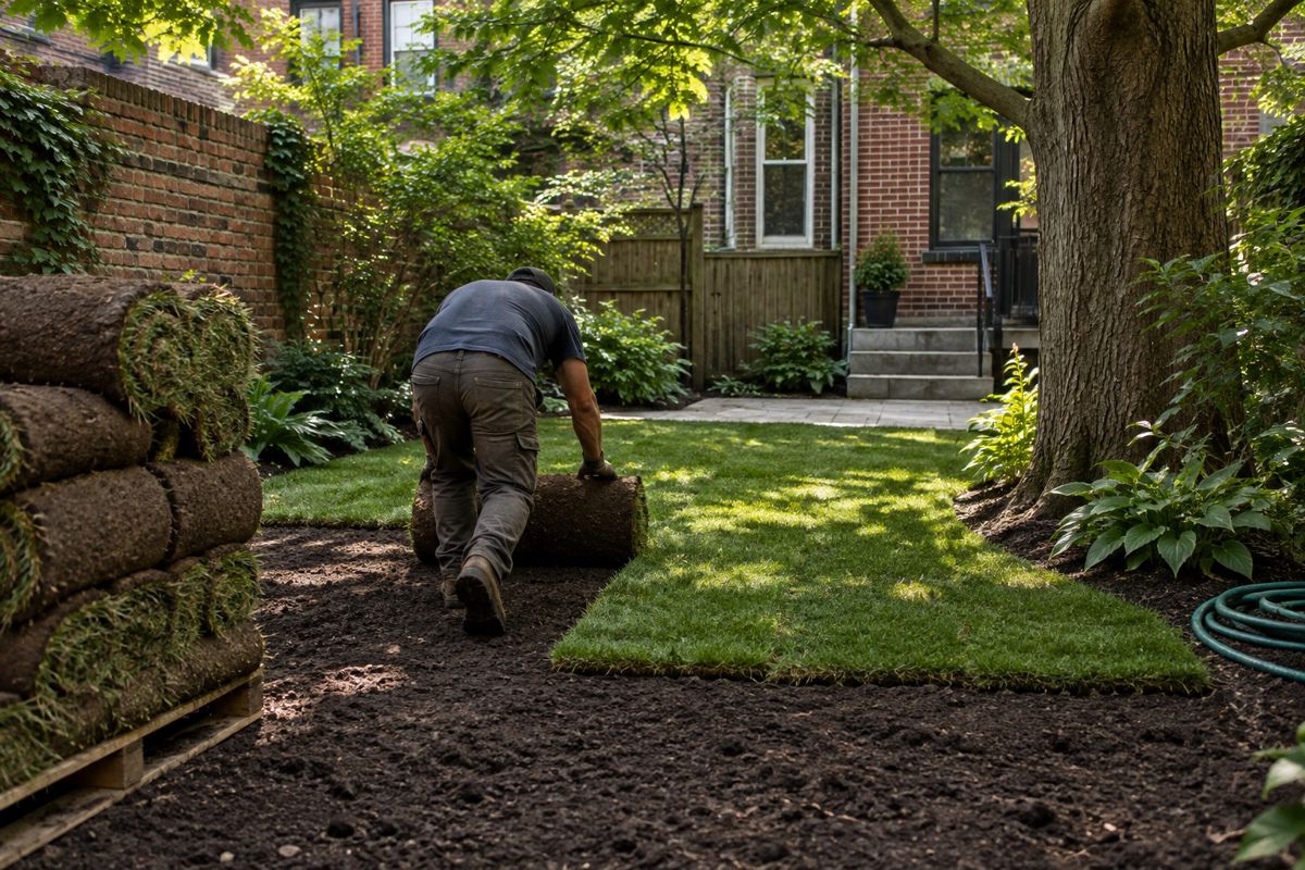 Worker rolling out fresh sod in a shaded rowhouse backyard
