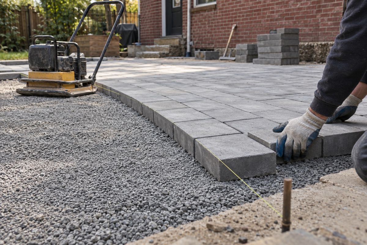 Crew laying gray pavers for a patio over compacted gravel base