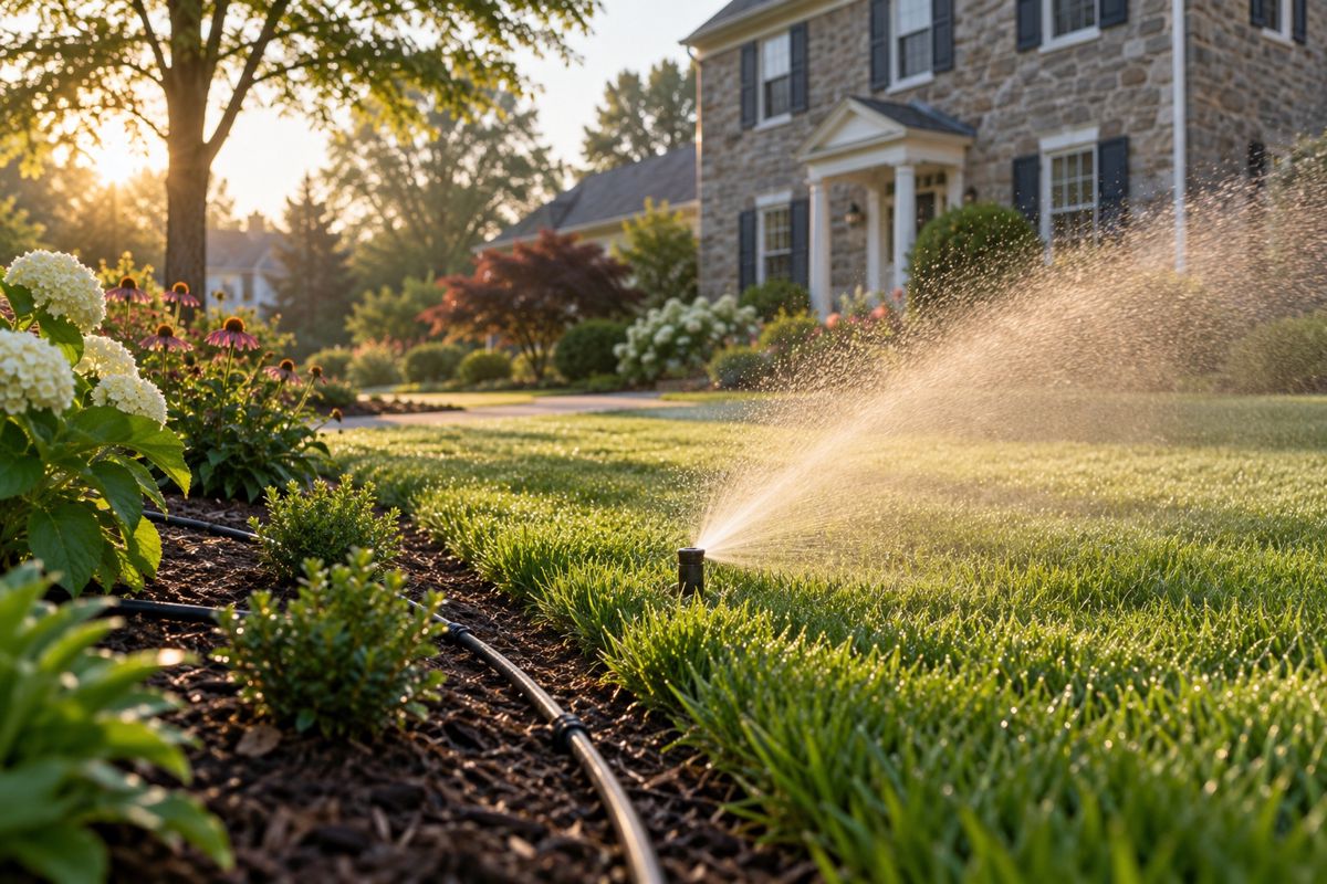Sprinkler head watering a green lawn beside a drip-irrigated flower bed