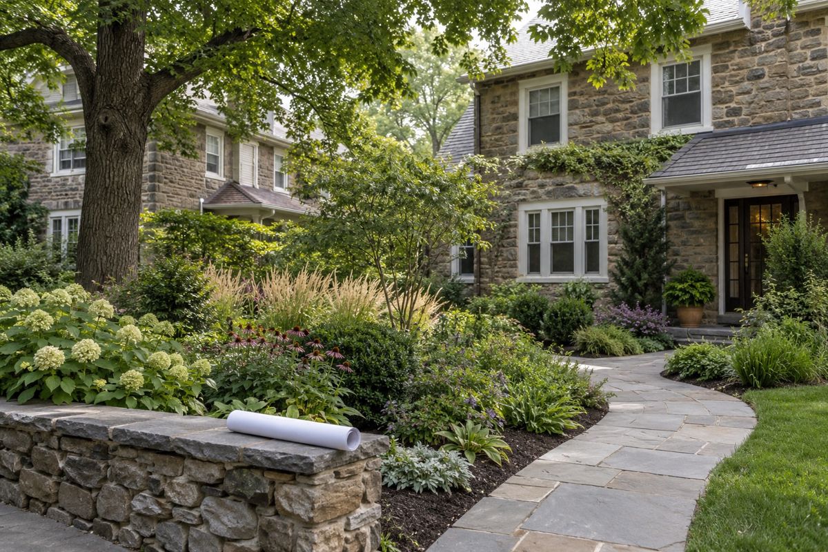 Newly planted garden with stone path beside a Philadelphia stone house