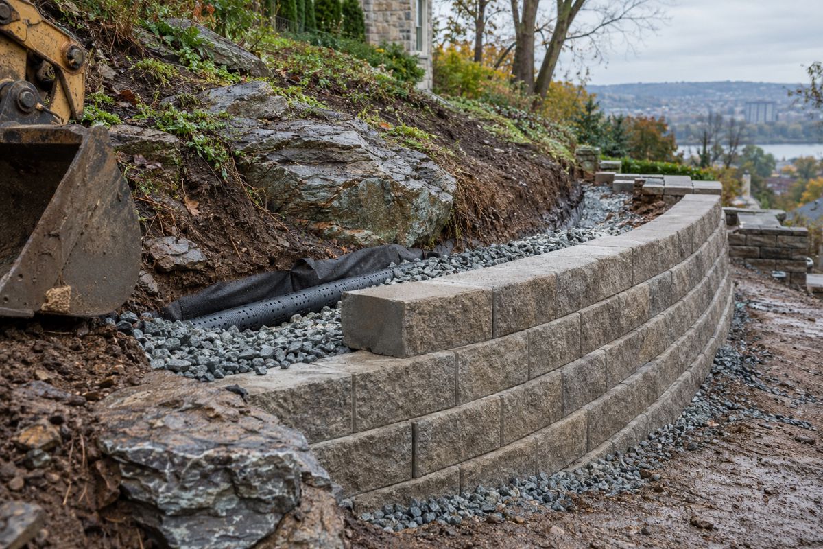 New block retaining wall with drain pipe and gravel on a sloped yard