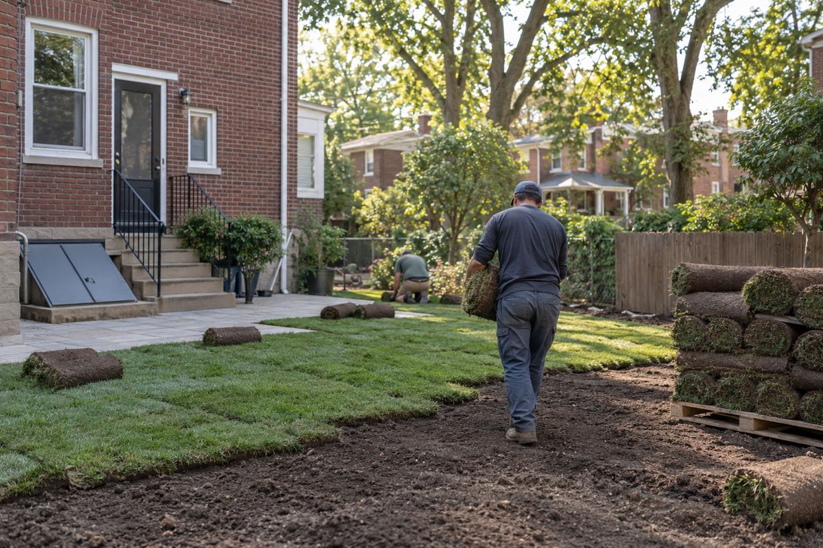 Fresh sod rolls laid on prepared soil behind a brick house